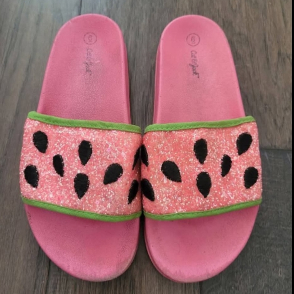 Cat & Jack Pink Glitter Watermelon Slide Sandals with Green Trim